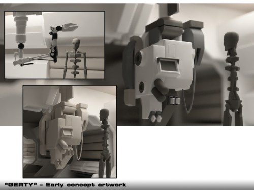 Some early concept art for the robot GERTY, voiced in the film by Kevin Spacey.